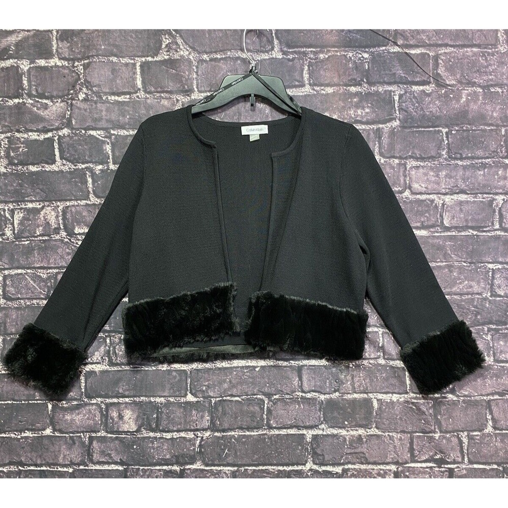 Calvin Klein Open Front Sweater Jacket Womens Medium Faux Fur Trim‎ Formal Party